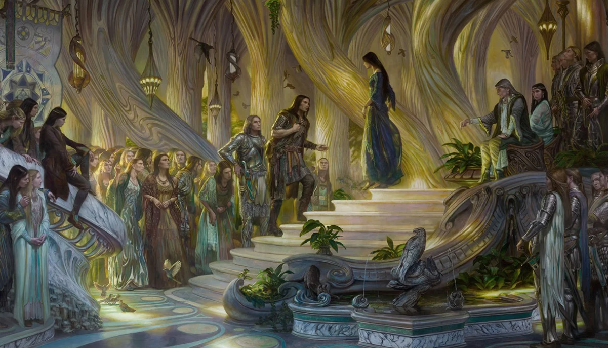 Beren and Luthien appear before Melian and Thingol in their court in Doriath.