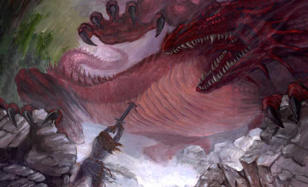 Turin slays Glaurung the Dragon by thrusting his sword into the dragon's belly.