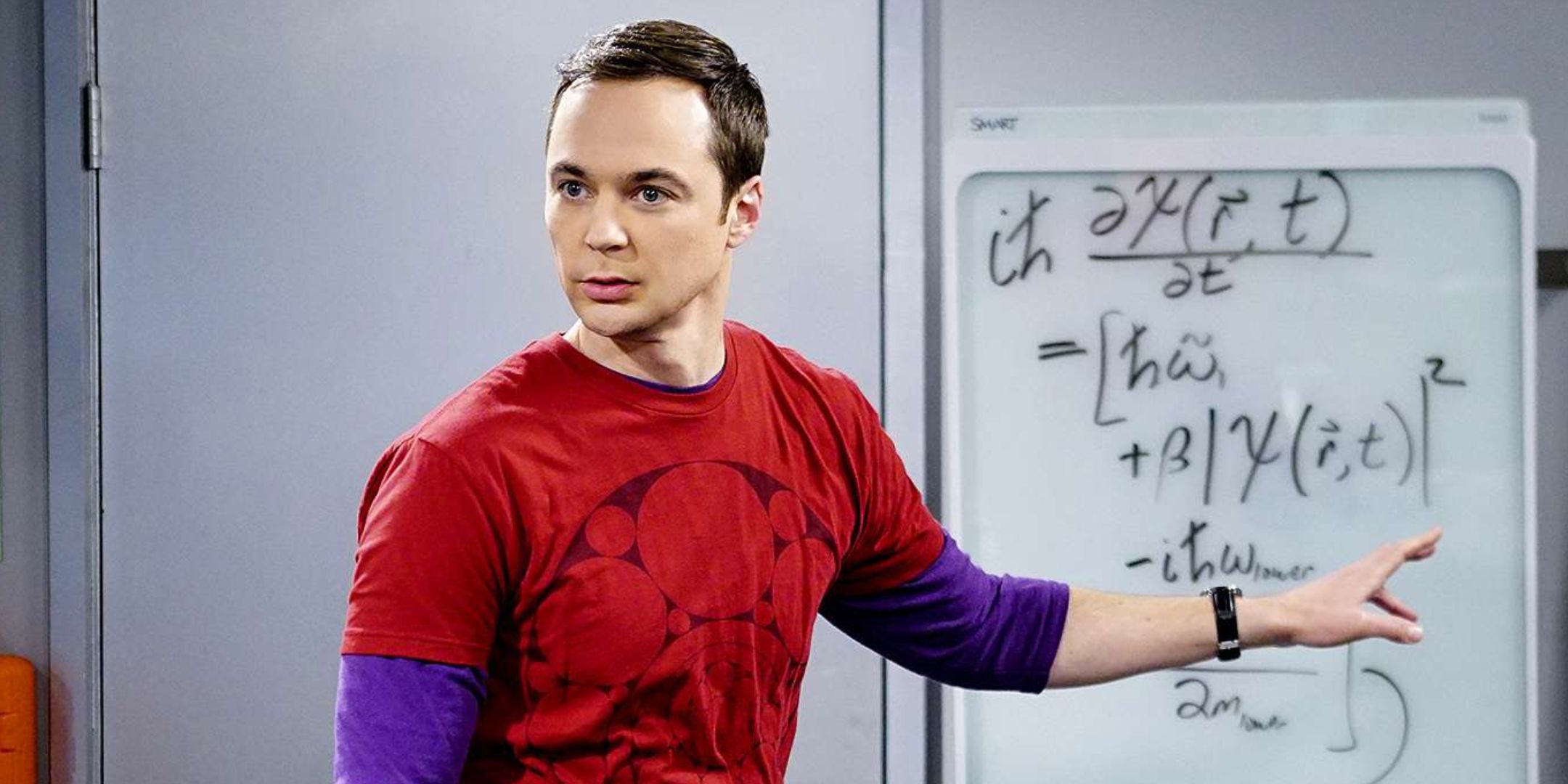 Sheldon Cooper está em frente a um quadro branco com equações da Teoria do Big Bang.