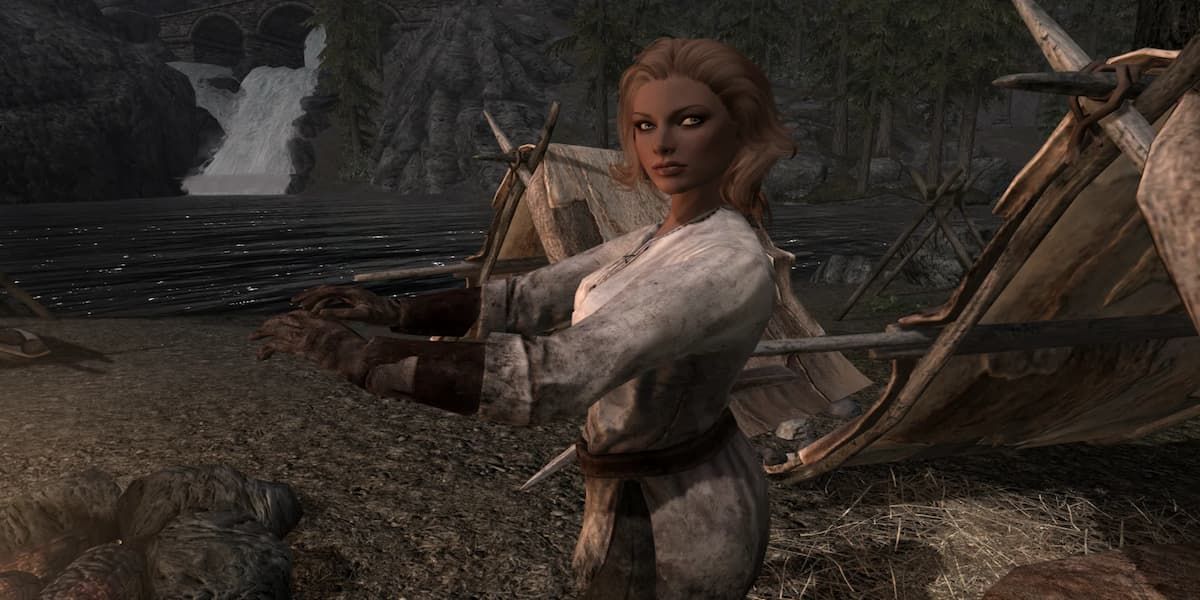 Skyrim Annekke Crag-Jumper standing next to a campfire