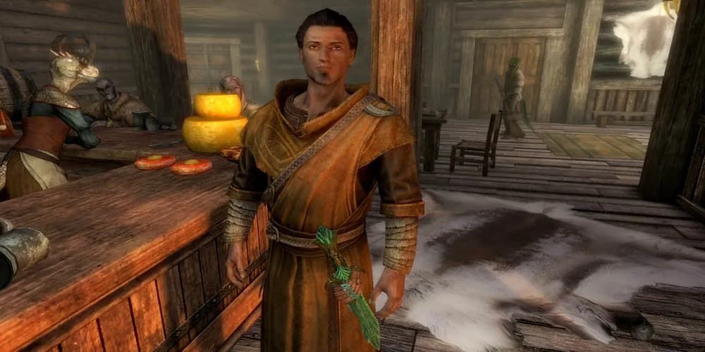 Skyrim Marcurio standing in a tavern