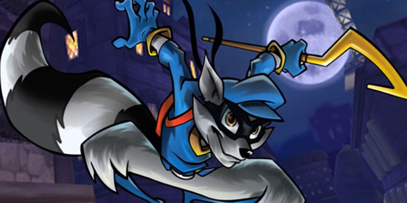 Sly Cooper 1 Art com o personagem titular saltando pelo céu noturno.