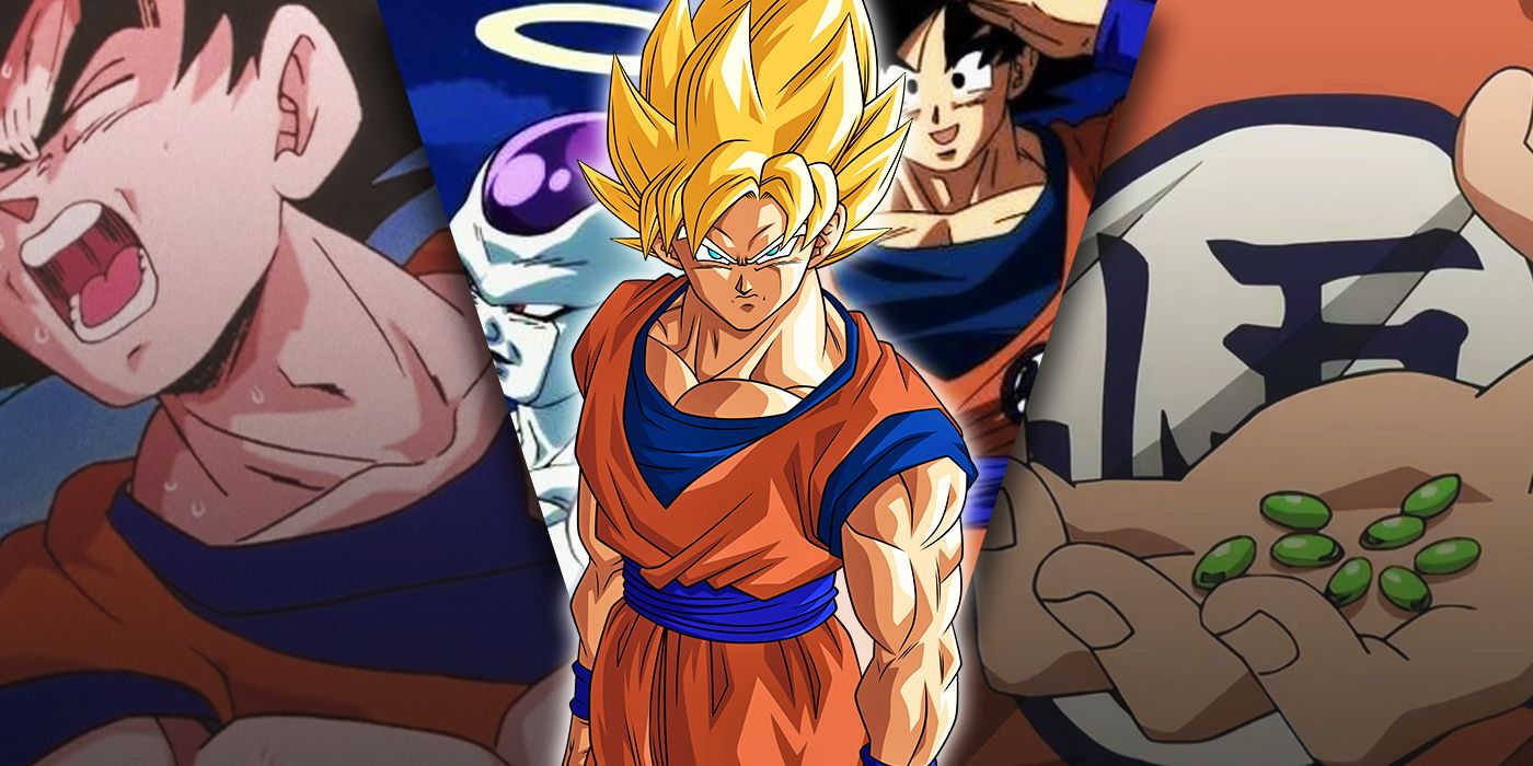 Split image of Goku, Frieza and Senzu Beans