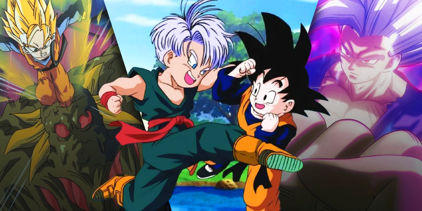 Split image of Goten, Trunks, Broly, and Gohan