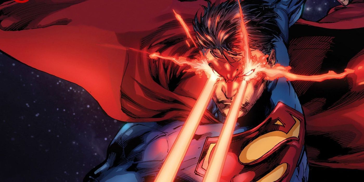 Superman is using his heat vision angrily while flying in DC Comics.