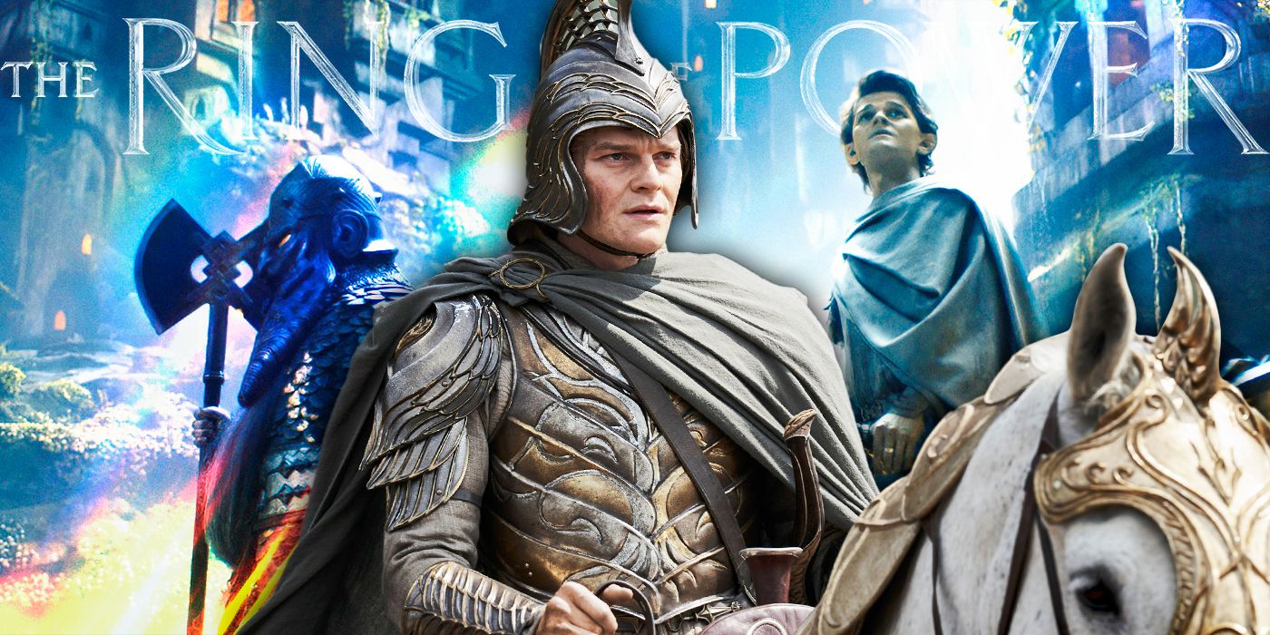 An armored Elrond (Robert Aramayo) sits on a horse in front of montage of Rings of Power characters