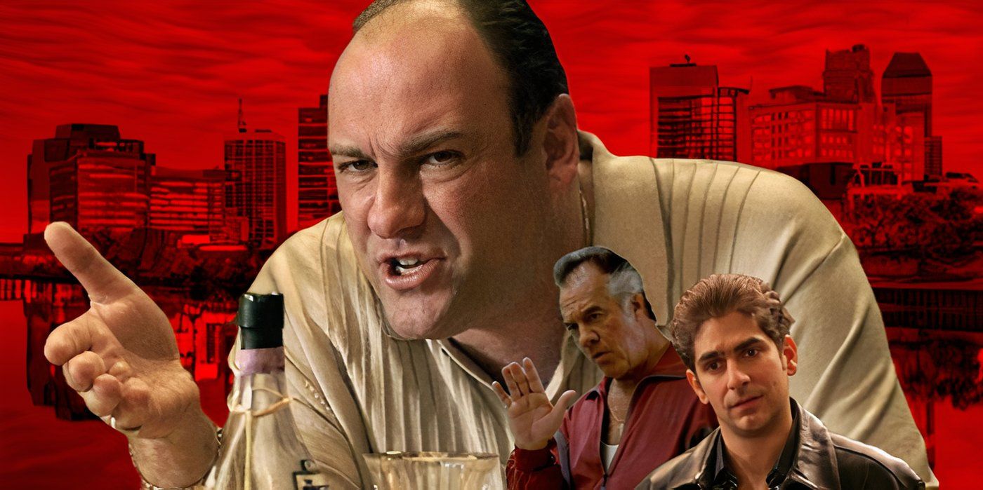 James Gandolfini as Tony Soprano speaking something to the family, Tony Sirico as Paulie Walnuts offended by something, Michael Imperioli as Christopher Moltisanti dumbfounded in The Sopranos.