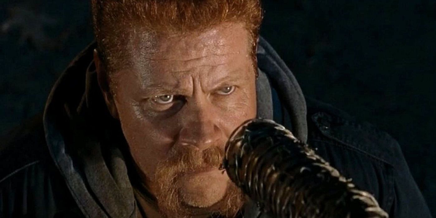 Abraham Ford (Michael Cudlitz) stares down the tip of Megan's bat Lucille in The Walking Dead, stone-faced.