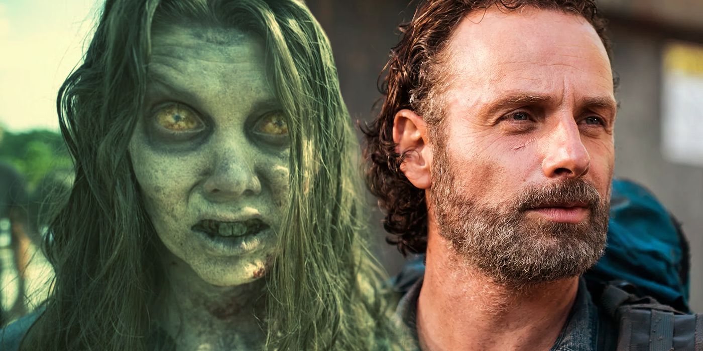 A walker looks at the screen; Rick Grimes (Andrew Lincoln) looks off into the distance in The Walking Dead