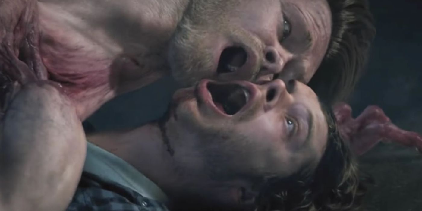 Dos hombres mezclándose en The Thing de 2011