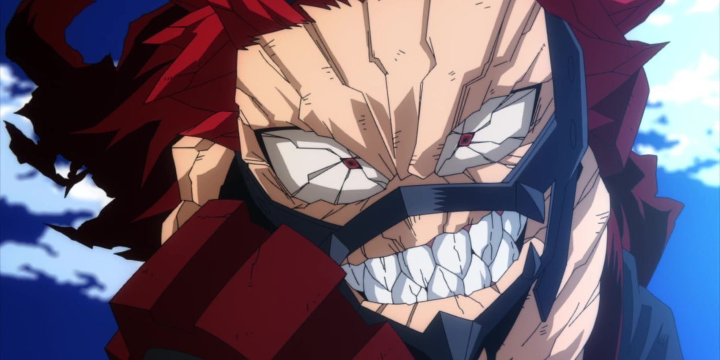 Kirishima usando sua individualidade e fazendo careta com todos os dentes à mostra. 