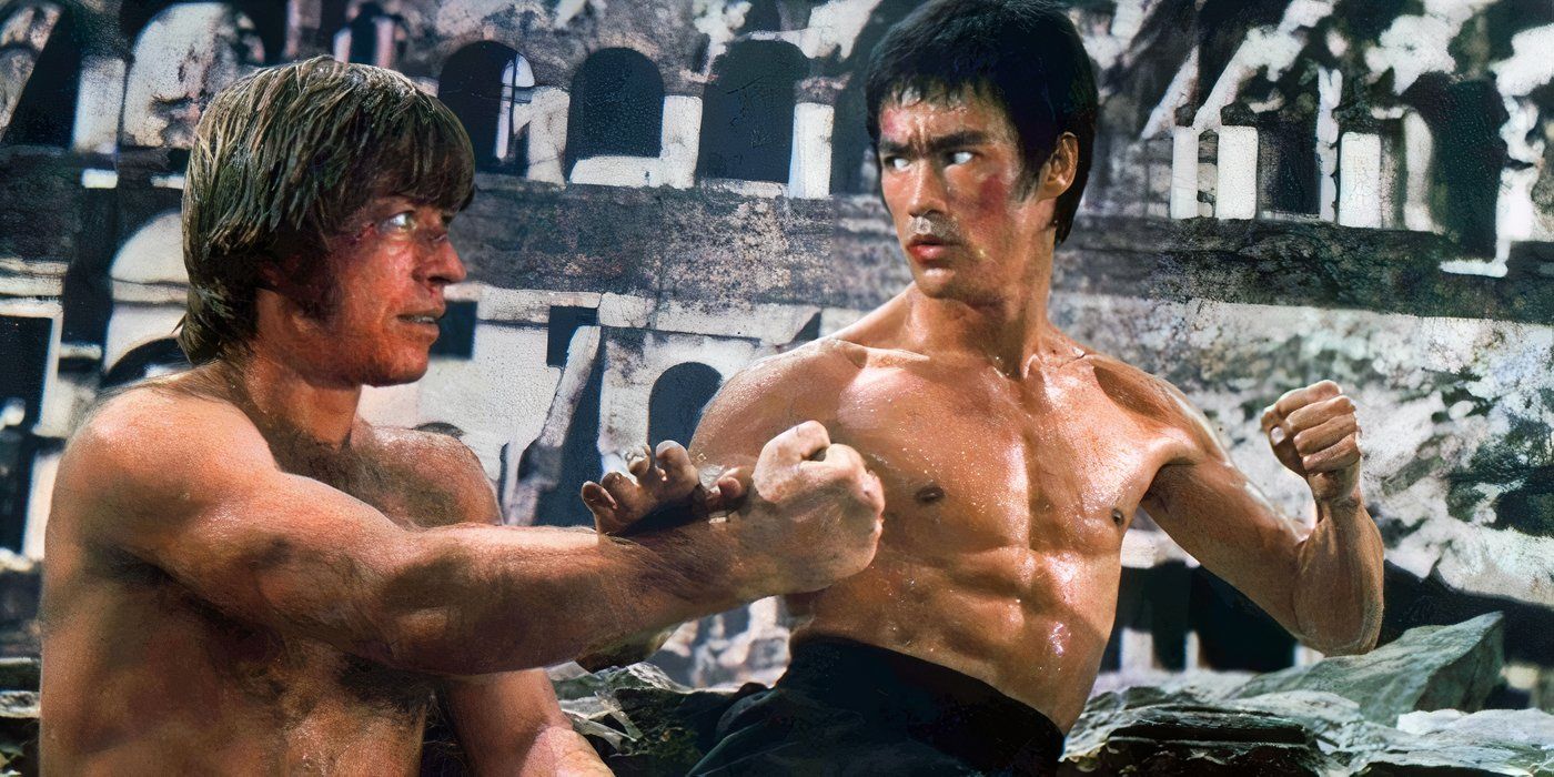 Chuck Norris e Bruce Lee estão lutando em Way of the Dragon.