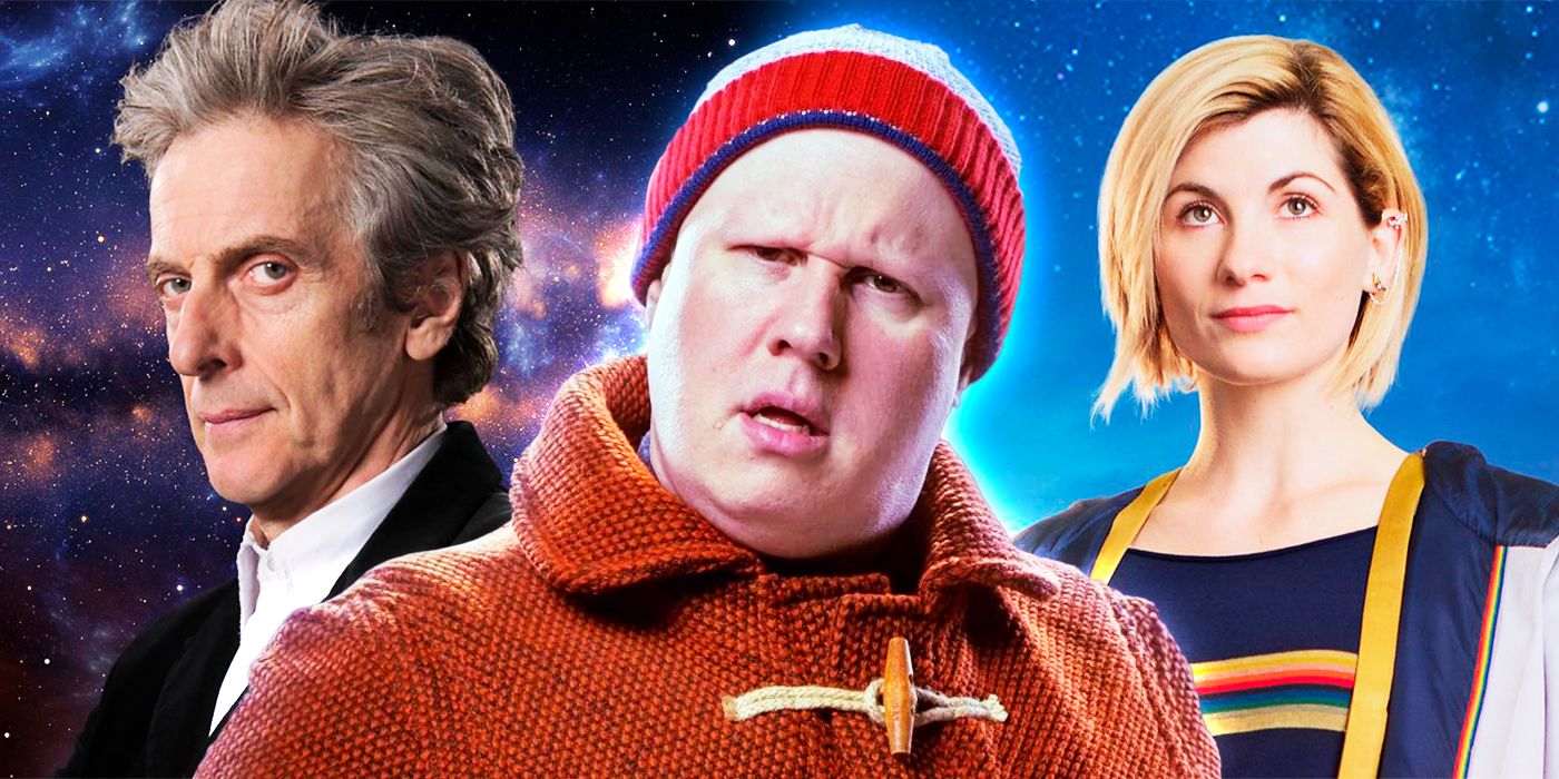 Nardole with the 12th and 13th Doctors in the background