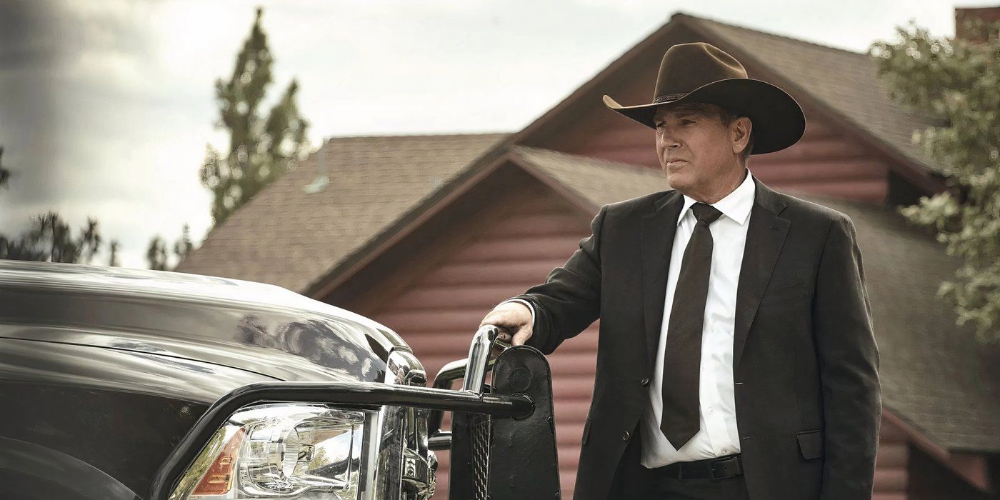 Kevin Costner as John Dutton in Yellowstone, preparing to discuss the future of Montana while leaning on his truck.