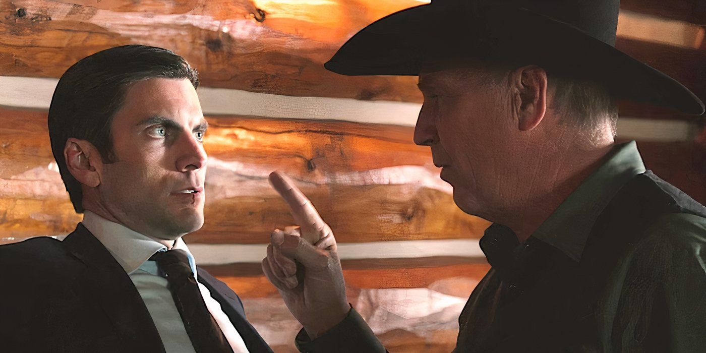 Kevin Costner as John Dutton and Wes Bentley as Jamie Dutton arguing about something on the ranch in Yellowstone.