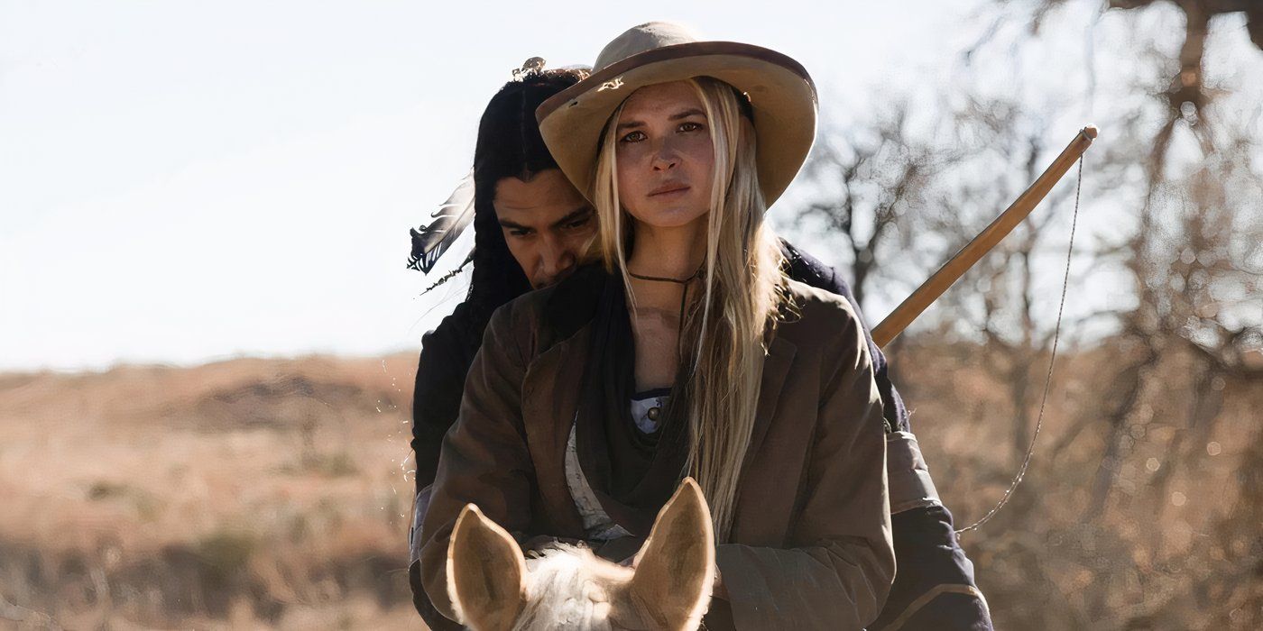 Isabel May as Elsa Dutton with her new husband Sam riding horseback in 1883.