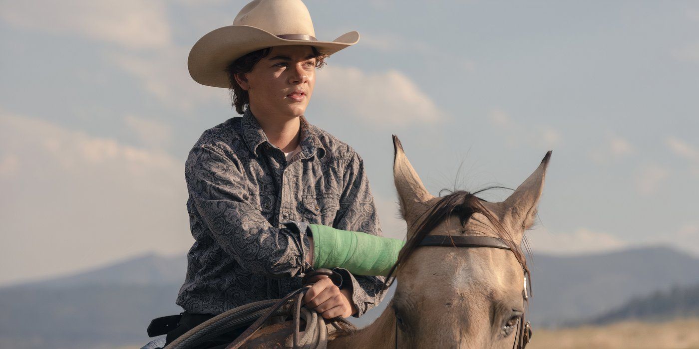 Brecken Merrill as Tate Dutton riding his trusty steed lucky on the land in Yellowstone.