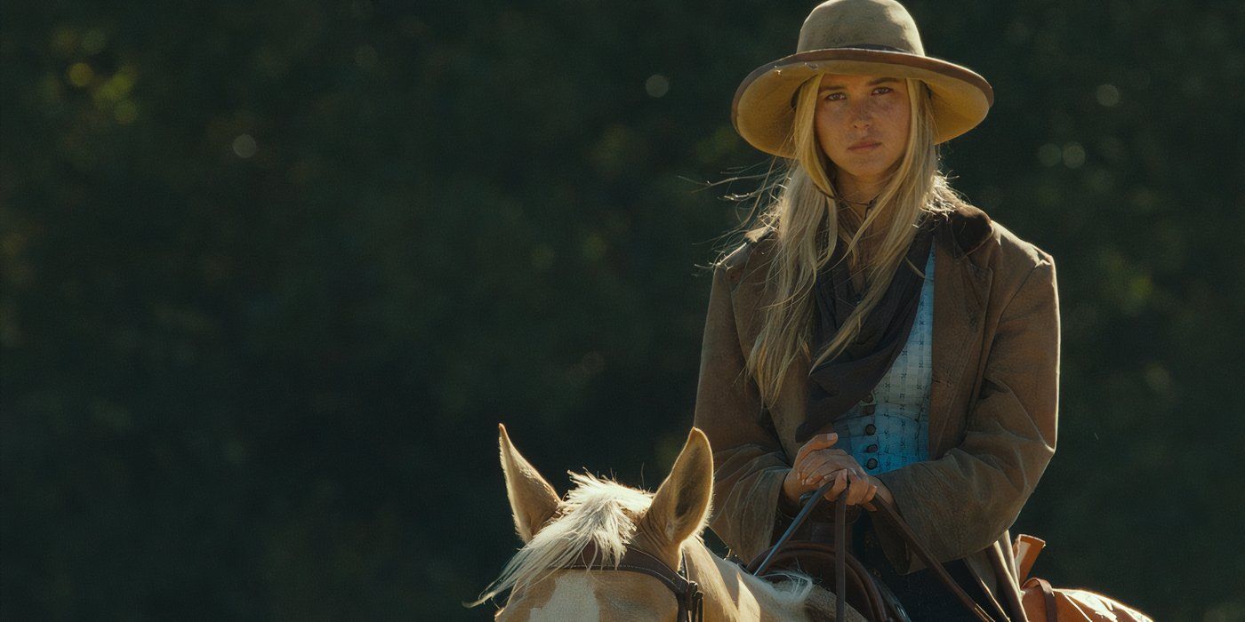 Isabel May as Elsa Dutton in 1883 approaching a conflict on horseback and wearing her cowboying attire.