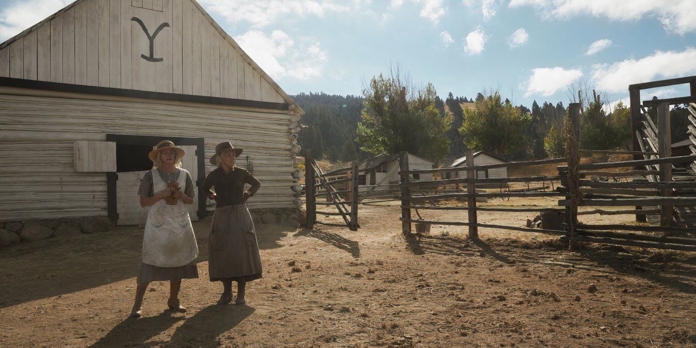 Helen Mirren as Cara Dutton and Marley Shelton as Emma Dutton in 1923 admiring a pen that will house their cattle.