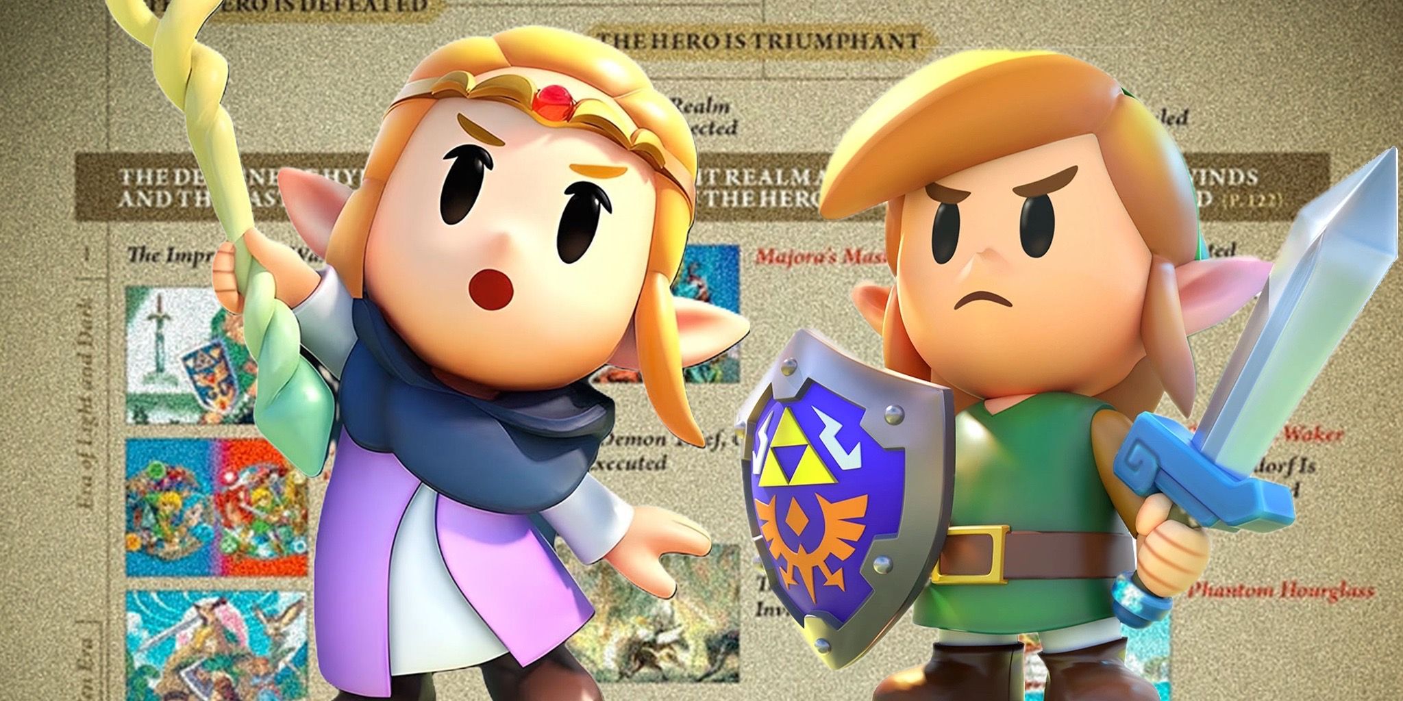 Princess Zelda and Link from Echoes of Wisdom in front of the Zelda Timeline