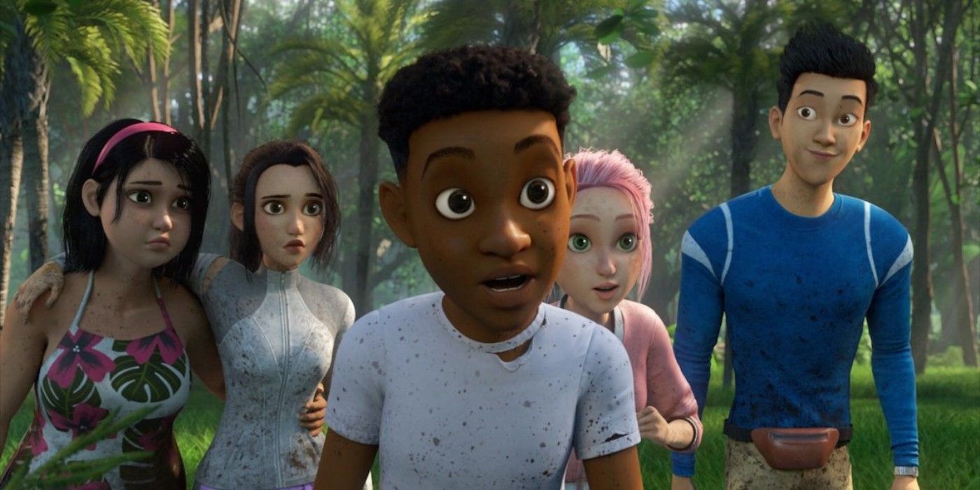 Los personajes de Jurassic World: Camp Cretaceous, incluidos Darius Bowman, Kenji Kon, Brooklynn, Sammy Gutierrez y Yaz Fadoula, lucen sorprendidos.