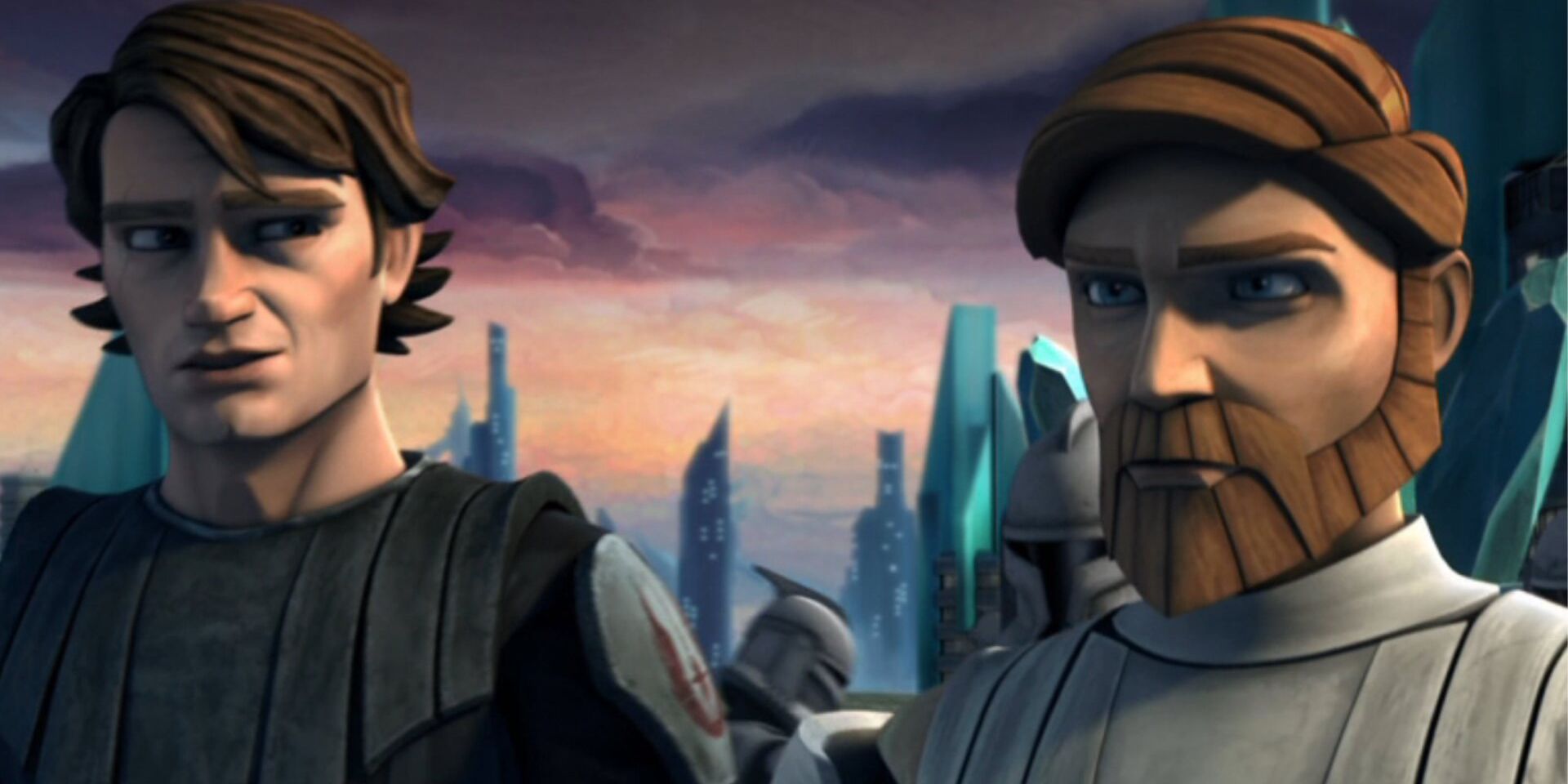 Anakin Skywalker olha para Obi-Wan Kenobi no filme Star Wars: The Clone Wars