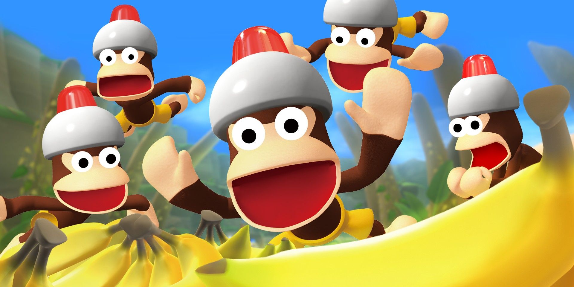 Um bando de macacos entusiasmados com bananas na arte promocional de Ape Escape