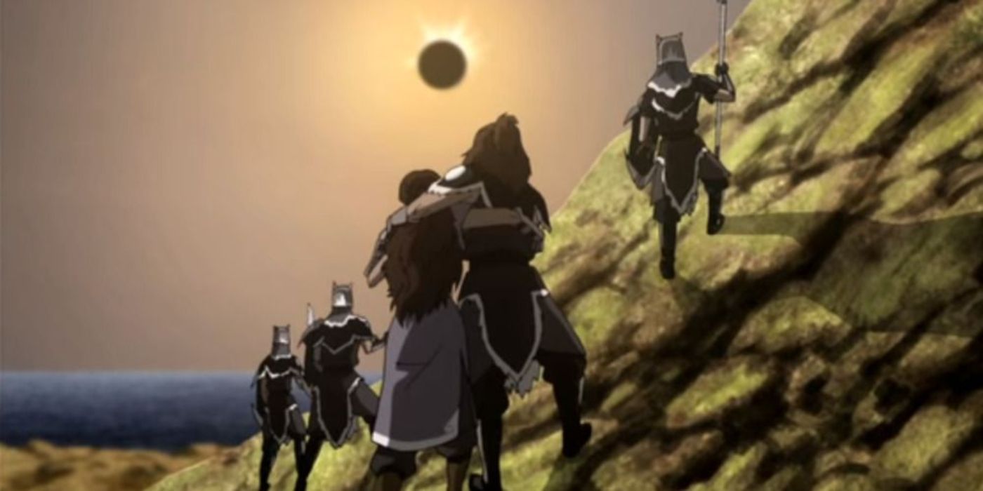 Katara sostiene a su padre herido, Hakoda, y ella y los otros guerreros de la Tribu Agua ven el eclipse en Avatar: The Last Airbender.