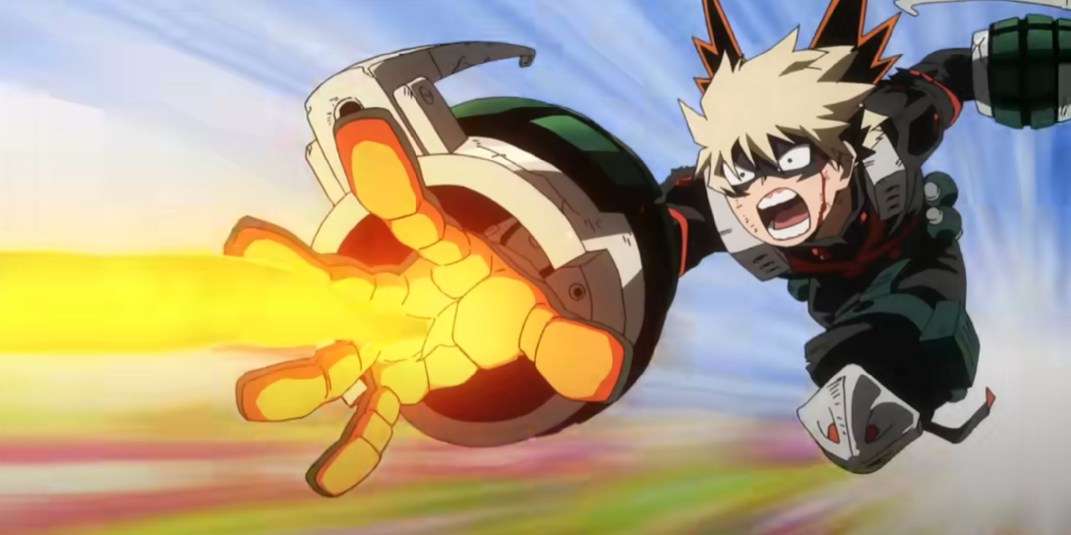 Bakugo fires an explosion while screaming in My Hero Academia You're Next