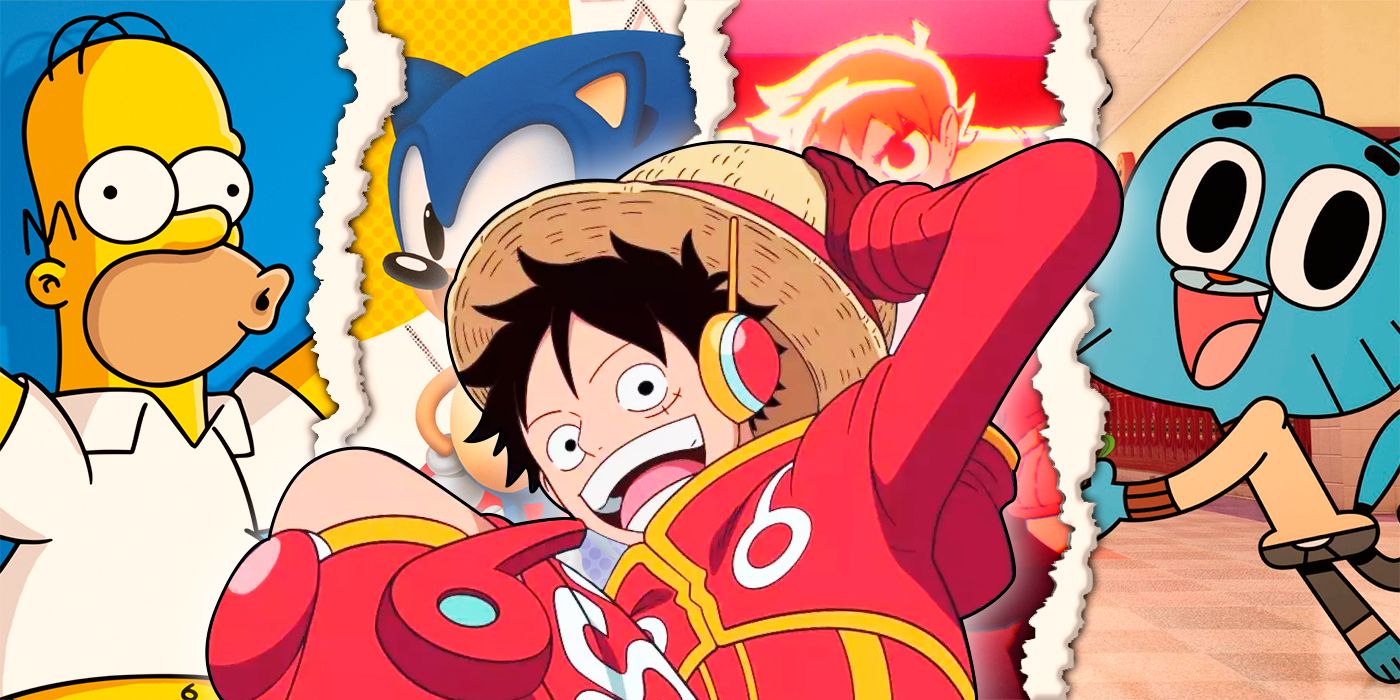 Luffy sorrindo na frente, com Homer Simpson, Gumball, Scott Pilgrim (de Scott Pilgrim decola) e Sonic the Hedgehog atrás dele
