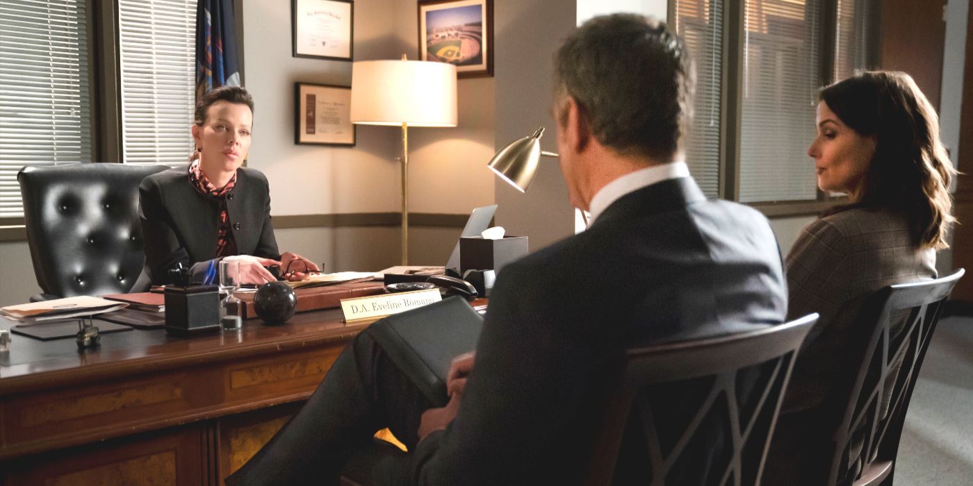 Erin Reagan and Jack Boyle sit in front of the desk of the Queens DA (Debi Mazar) in Blue Bloods