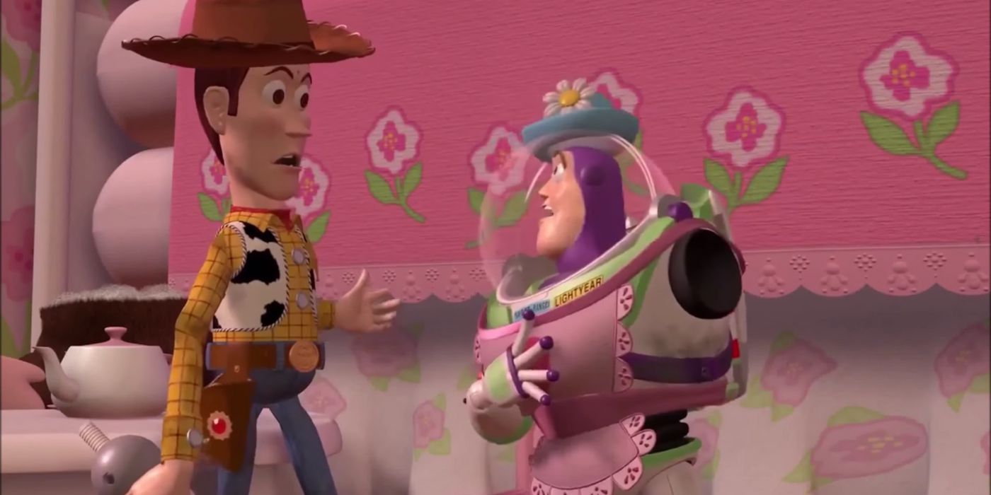 Buzz LightYear como a Sra. Nesbitt grita com um louco choque e louco em Toy Story