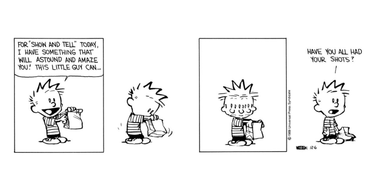 Calvin traz um inseto misterioso para a escola para mostrar e contar em Calvin e Hobbes