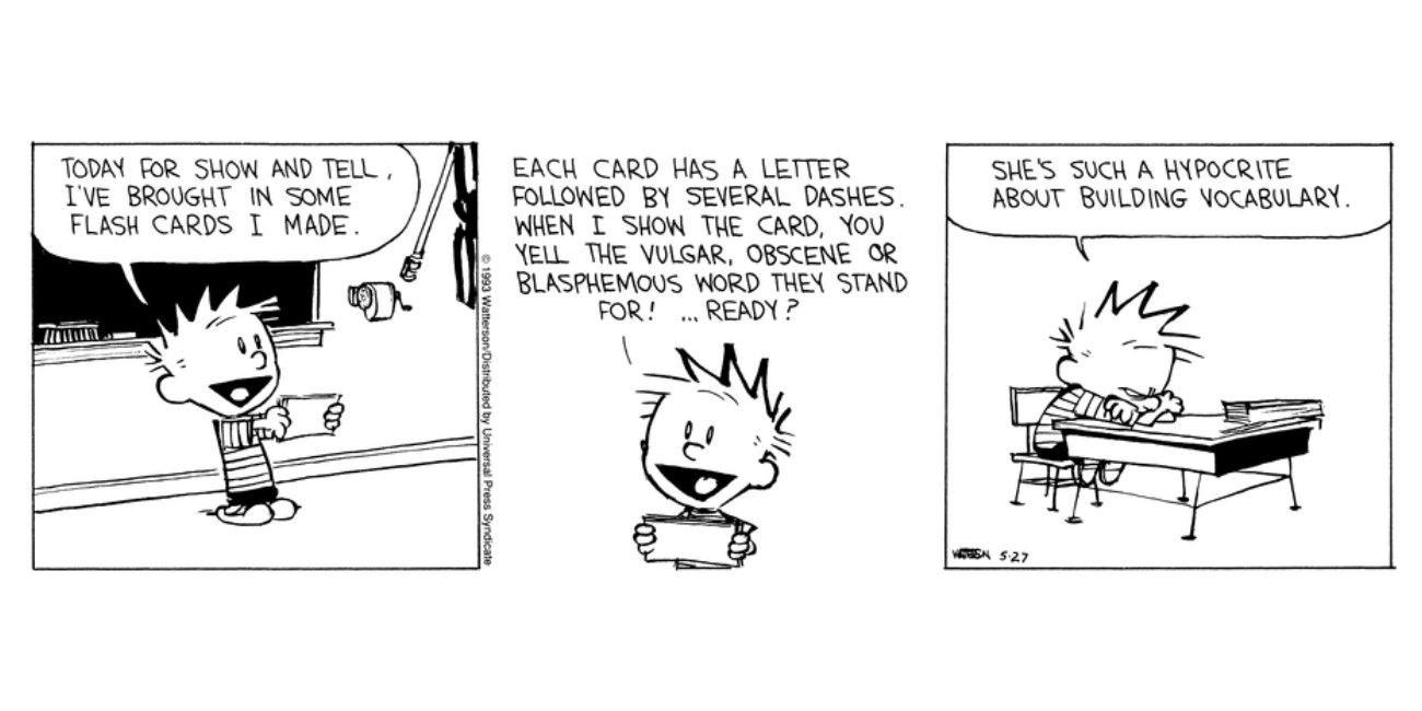 Calvin tem alguns flashcards interessantes preparados para sua aula para mostrar e contar em Calvin e Hobbes