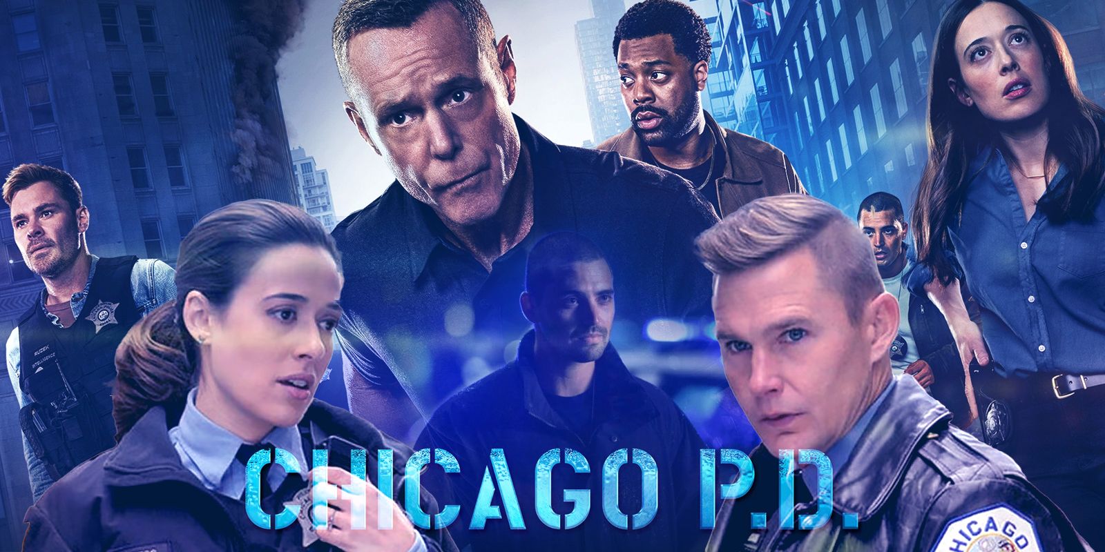 A montage of Chicago PD characters from various seasons behind the Chicago PD logo