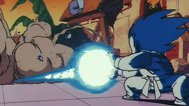 Goku tire un Kamehameha sur Jackie Chun dans Dragon Ball Épisode 28