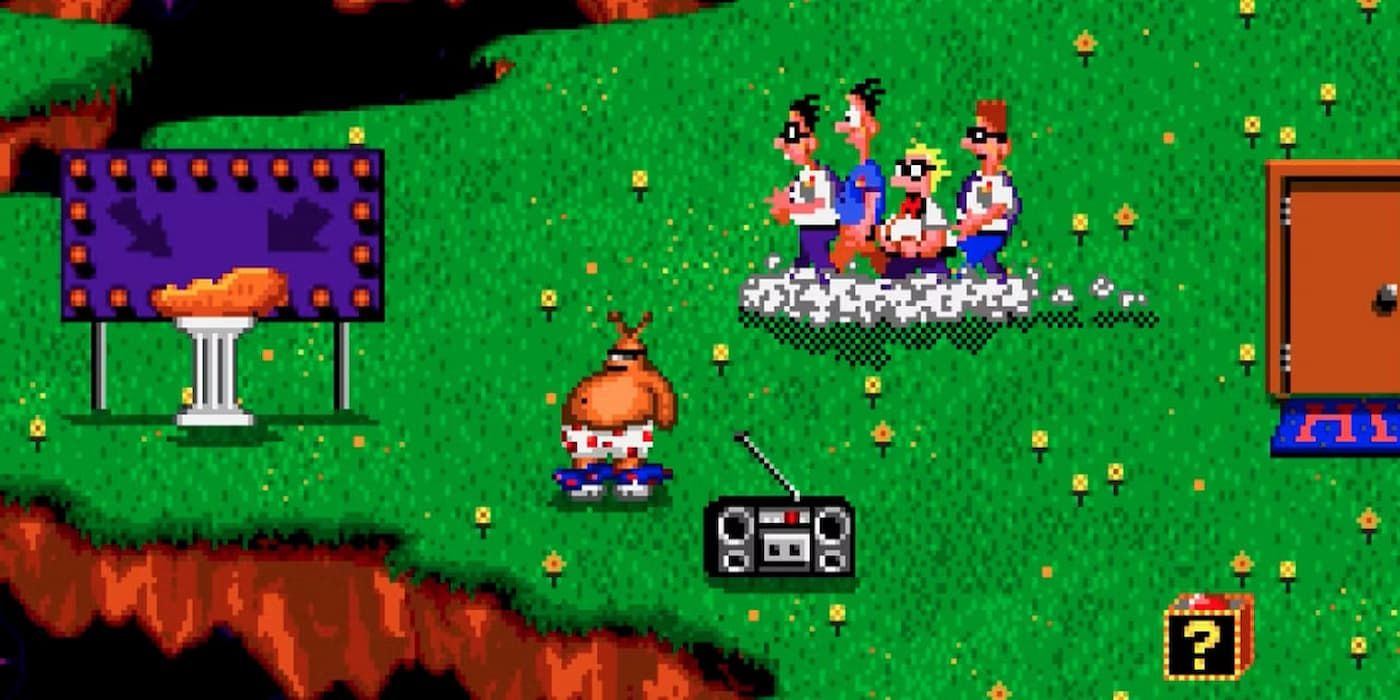 Earl fica ao lado de um boombox enquanto um grupo de adolescentes nerds corre atrás dele em Toejam & Earl