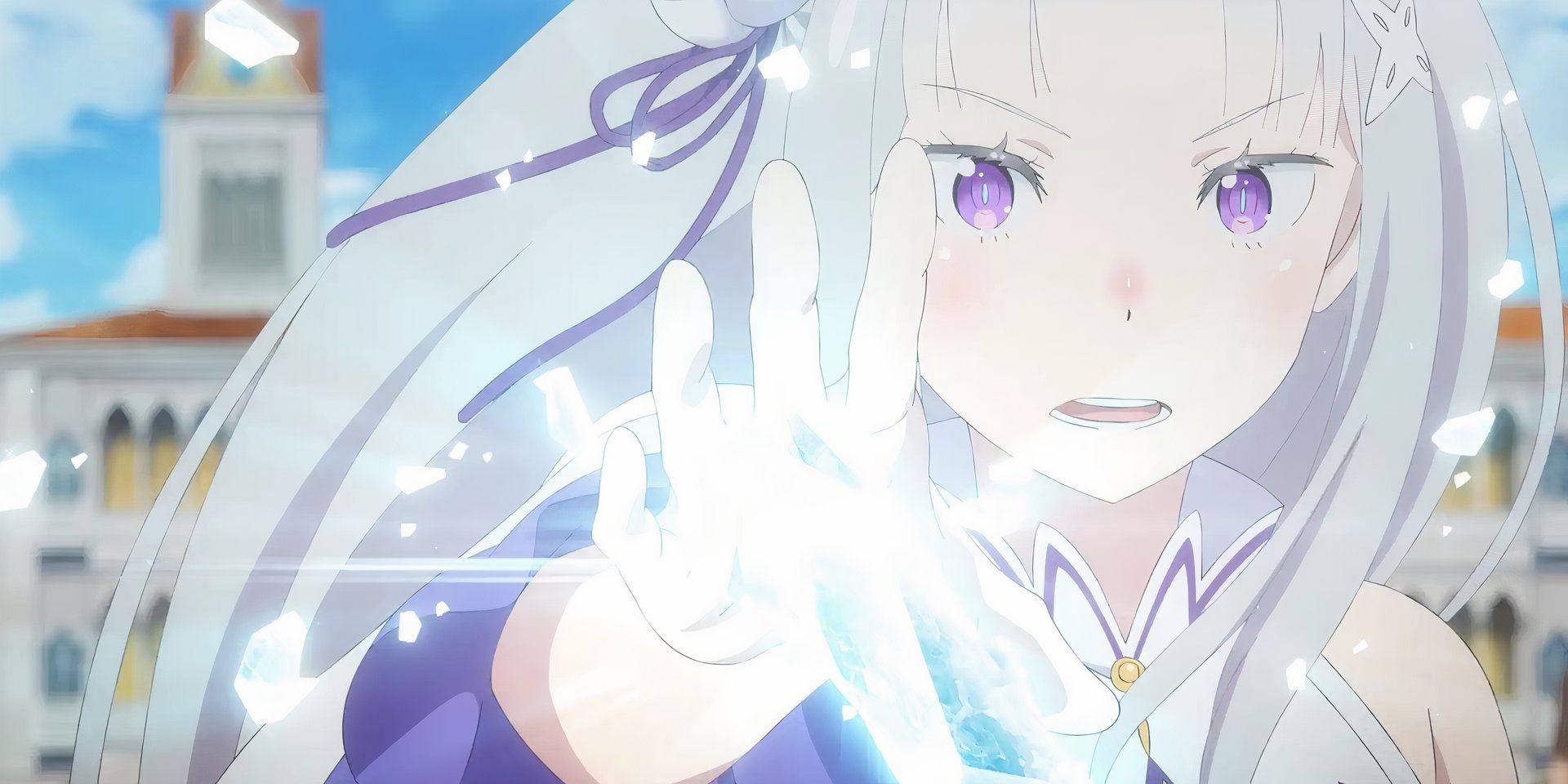 Emilia usando magia de gelo com a mão estendida no anime Re: Zero.