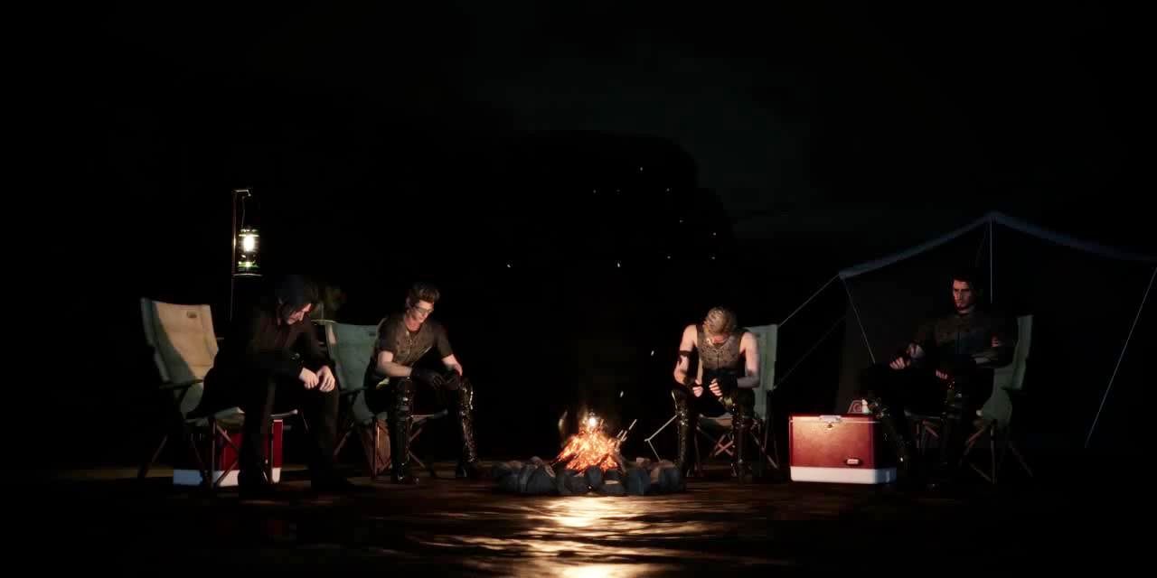 Noctis, Ignis, Prompto y Gladio se sientan alrededor de una fogata por última vez en Final Fantasy XV