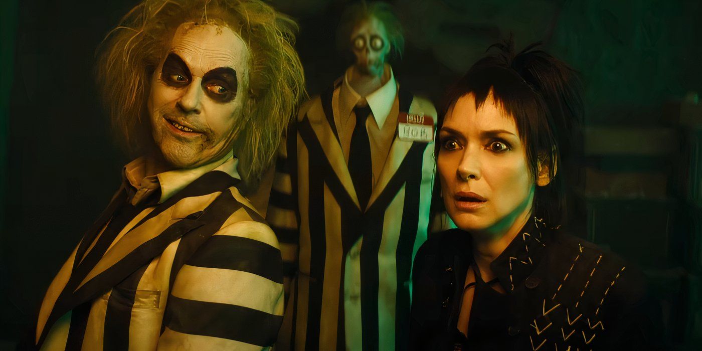 Michael Keaton as Beetlejuice and Winona Ryder as Lydia Deetz working together to find Lydia's daughter in Beetlejuice Beetlejuice