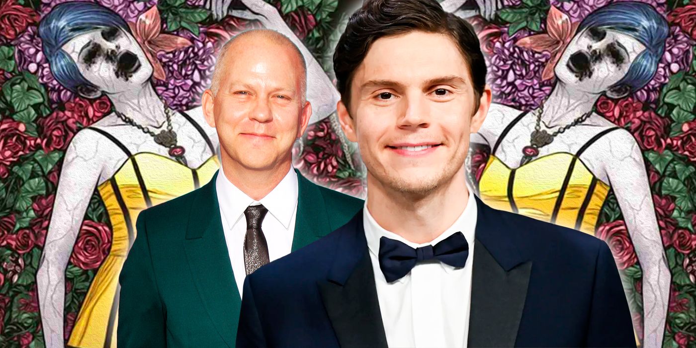 Evan Peters and Ryan Murphy with The Beauty cover behind them