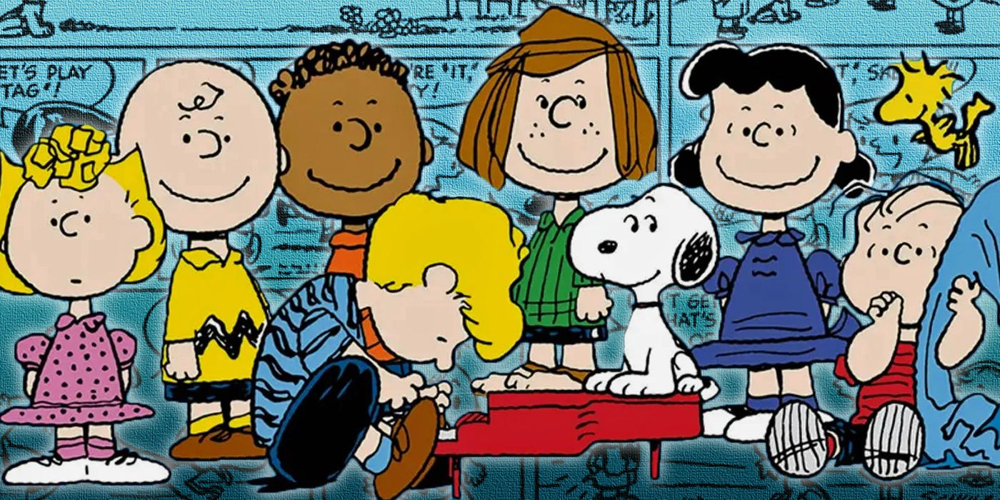 All major Peanuts characters with comic strips in the background