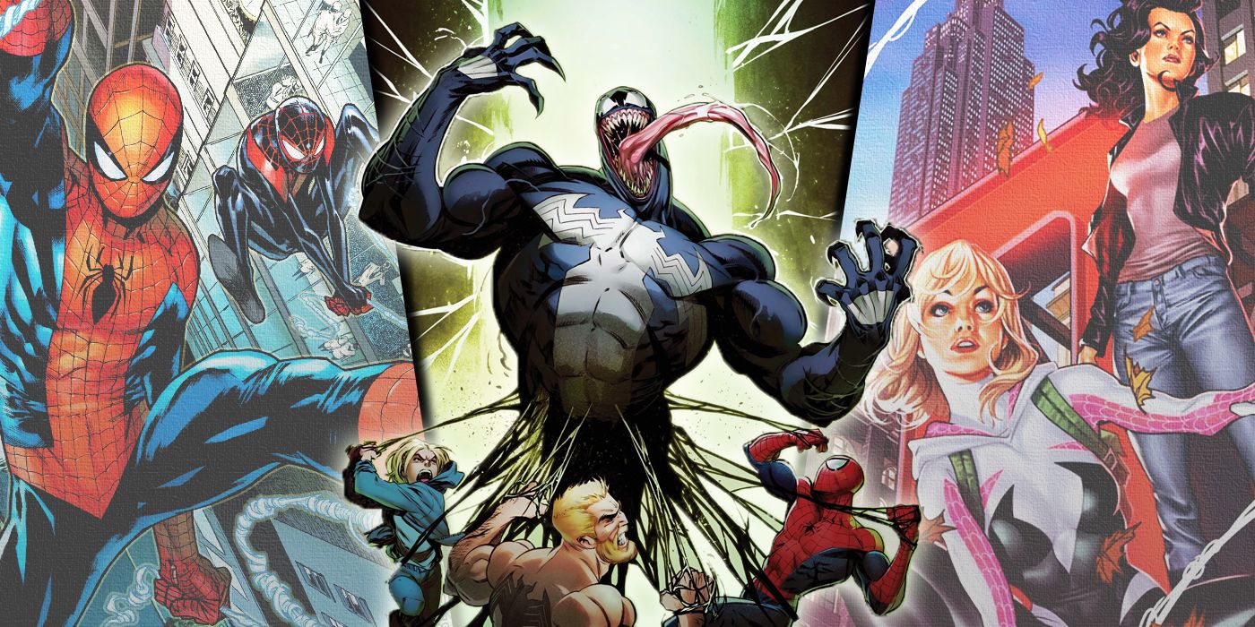 Split image of Spider-Man, Miles Morales, Dylan and Eddie Brock, Venom, Ghost Spider and Jessica Jones from Marvel Comics