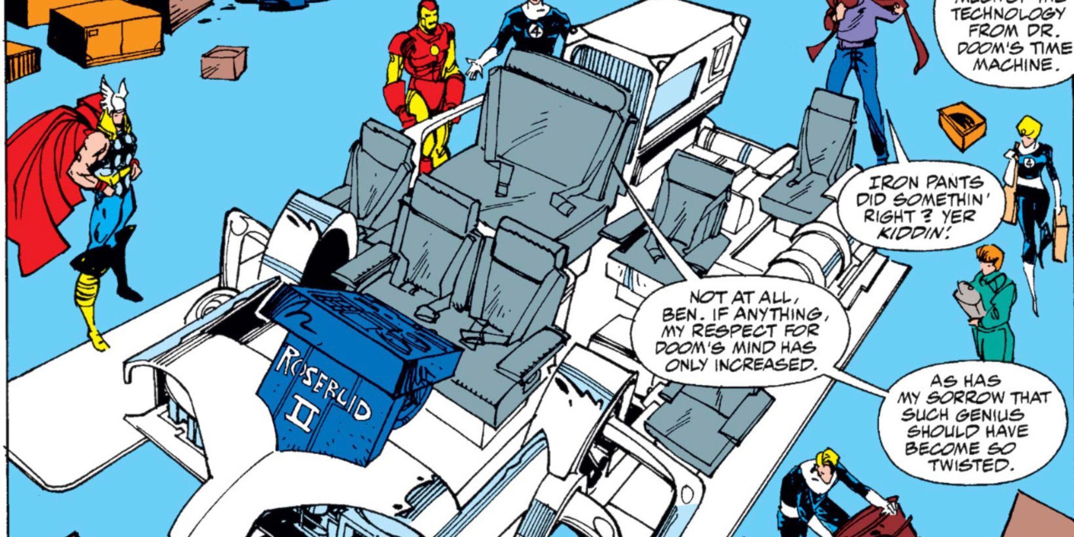 The Fantastic Four, along with Thor and Iron Man, revolve around Reed Richard's latest invention, The Time Sled.