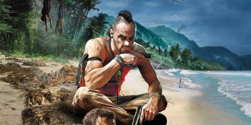 Far Cry 3 key art of Vaas holding guns and sitting on the beach.
