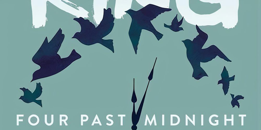 Imagem recortada da capa do Four Past Midnight com pássaros e mostrador de relógio