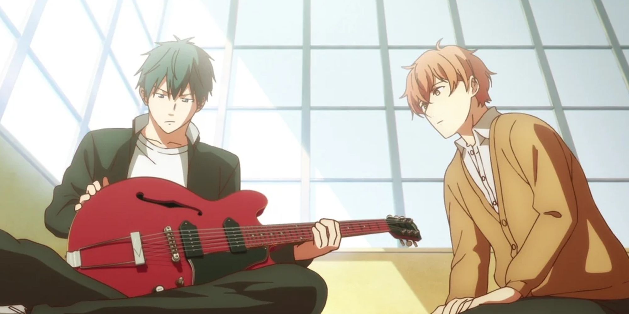 Dado Ritsuka y Mafuya del anime sentados juntos con una guitarra roja