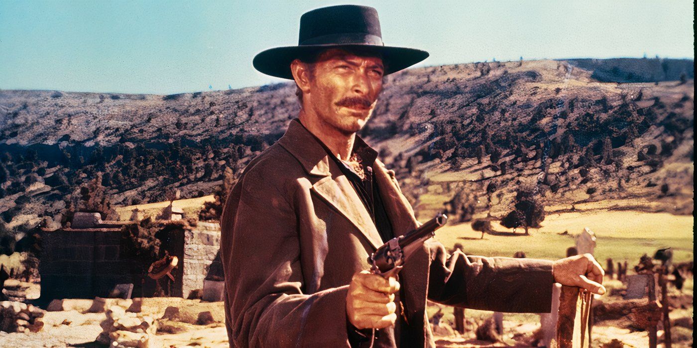 Lee Van Cleef as Angel Eyes dueling against the Man with No Name and Tuco in The Good, the Bad and the Ugly.