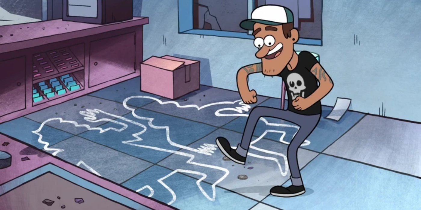 Nate de Gravity Falls está dançando perto do contorno de giz de onde estavam os corpos de Ma e Pa Duskerton.