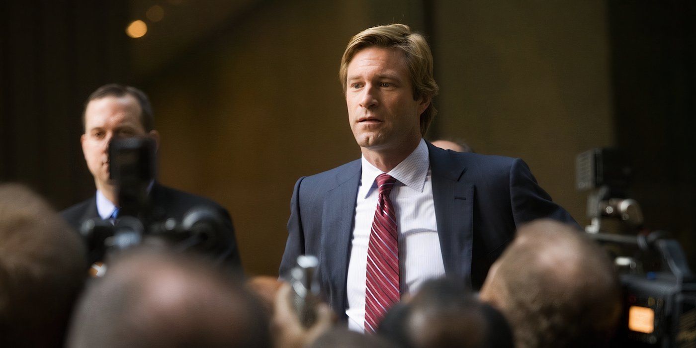 Harvey Dent talks to the press after locking up over five-hundred criminals at once in The Dark Knight.